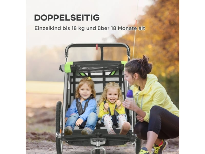 Remorque vélo enfant 2 en 1 pour 2 enfants, fonction poussette, frein, protection pluie, verte - Conforama B