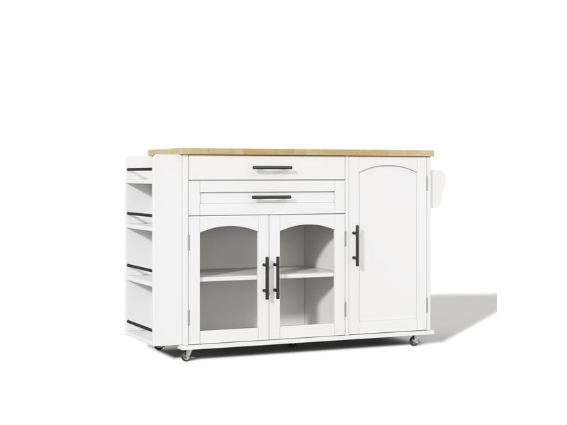  Îlot de cuisine mobile avec plateau rabattable, 5 roulettes, blanc et bois naturel  - Conforama A