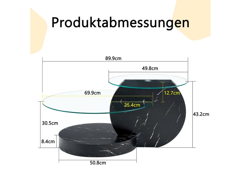  Table basse en verre trempé à 3 niveaux, mdf noir et transparent 89,9 cm  - Conforama C