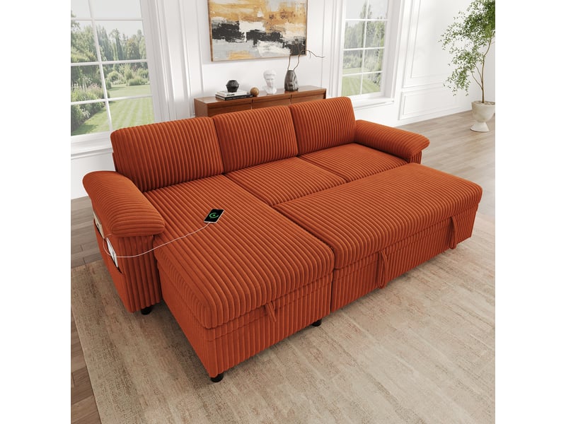 Canapé d’angle convertible 3 places 214 x 138,5 x 89 cm, méridienne coffre réversible, usb-c, dossier réglable, velours côtelé, orange OMNIGLINT TRADING LTD - Conforama C