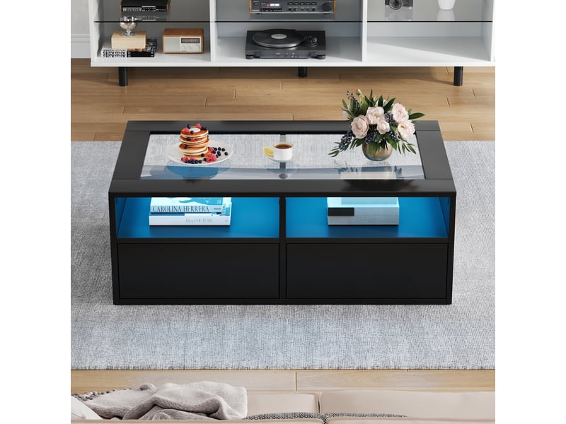 Table basse rectangulaire noir avec 2 tiroirs - 50x100 cm led panneau de particules table basse noir - Conforama B