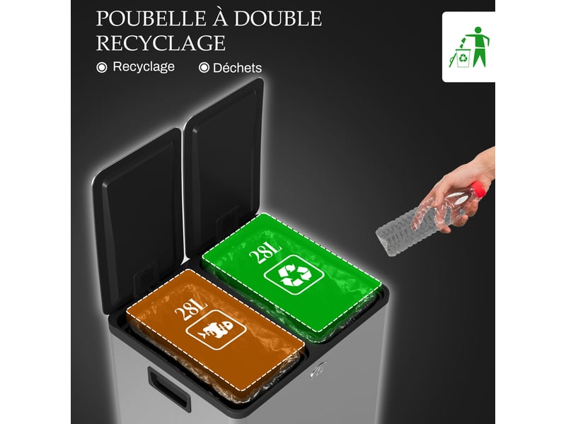  Poubelle de cuisine double 2x28l en acier inoxydable 45,8x36x67,6 cm  - Conforama D