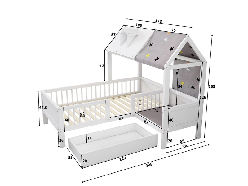 Lit cabane enfant, 90x200 cm, lit simple de jeu avec tiroirs de rangement et tissu de tente, style scandinave, blanc - Conforama E
