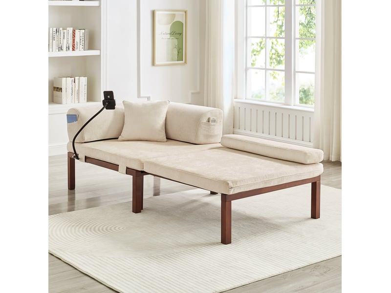  Canapé convertible pliant 1 place avec lit coulissant et dossier à coussins en bois et velours beige  - Conforama B