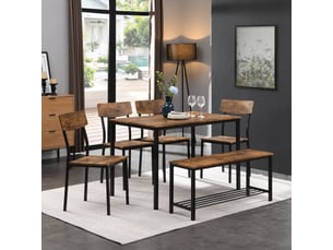Salle à manger complète style industriel avec table, banc et 6 chaises métal et bois