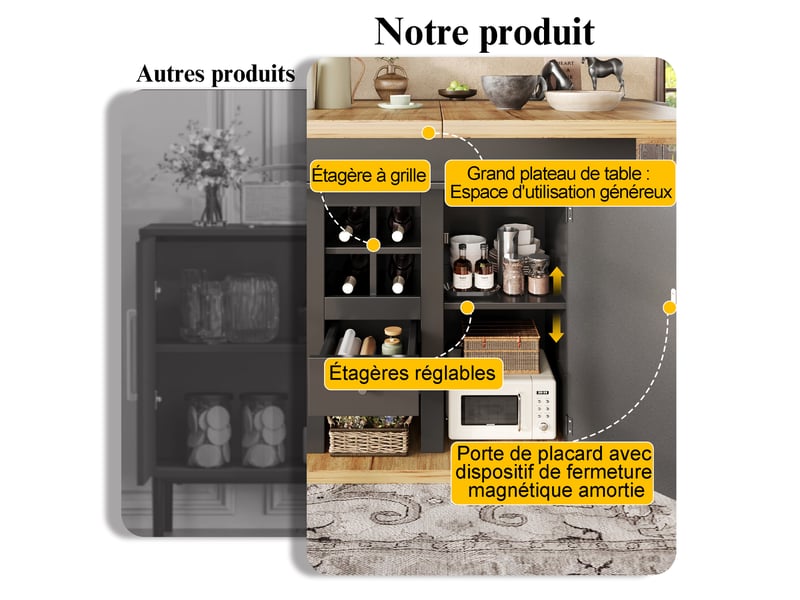 Table extensible 110-140x80x75 cm avec rangements réglables et portes à fermeture douce, mdf, noir et naturel - Conforama E