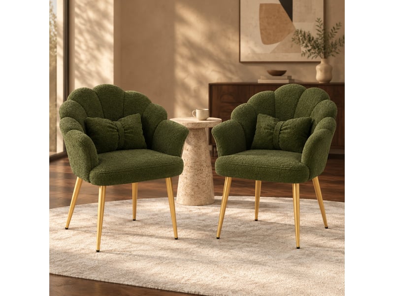  Lot de 2 fauteuils de salle à manger à dossier pétale en tissu teddy vert  - Conforama D