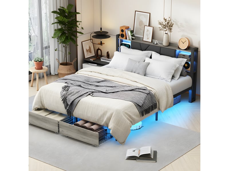 Lit 160x200 avec 2 tiroirs, lit double avec éclairage led & ports usbtype-c, lit adulte, tête de lit avec rangement, noir - Conforama C