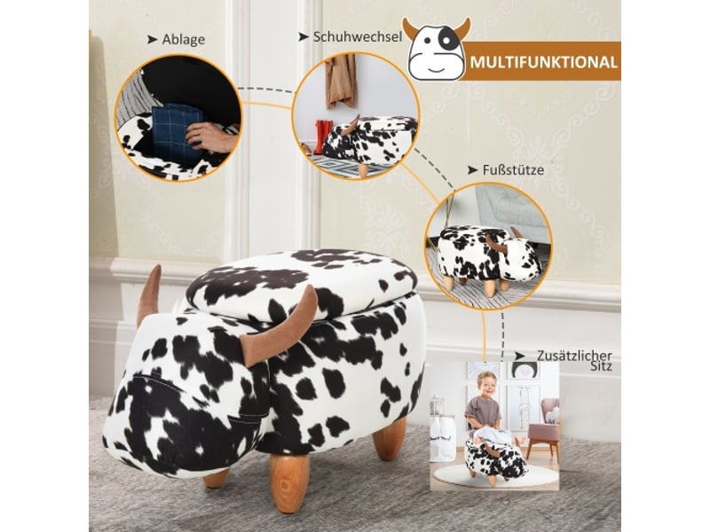  Pouf animal cochon noirblanc avec rangement, siège rembourré, 62x35x36 cm, salon et chambre enfant  - Conforama B