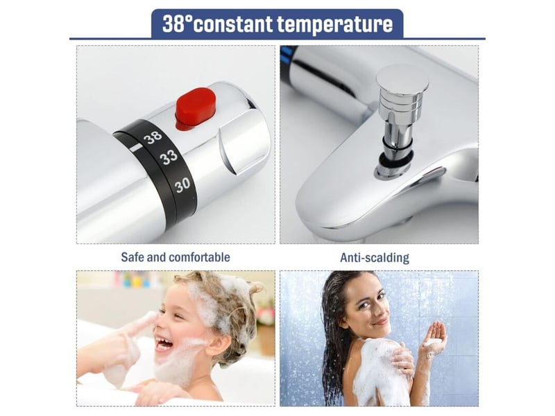  Mitigeur thermostatique de douche en laiton avec bouton de sécurité 38°c, avec 2 becs, chromé  - Conforama D