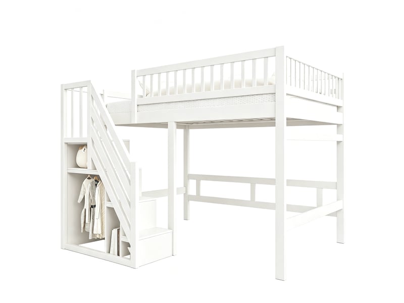  Lit enfant 140x200 cm avec escalier de rangement et garde-corps haut, gain de place, cadre en bois, blanc, sans matelas  - Conforama A