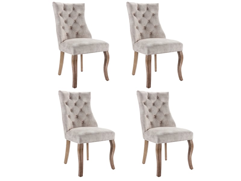  Chaise de salle à manger 4 pcs, dossier haut, matelassage à boutons, pieds en bois, revêtement velours beige  - Conforama A