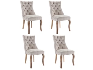 Chaise de salle à manger 4 pcs, dossier haut, matelassage à boutons, pieds en bois, revêtement velours beige
