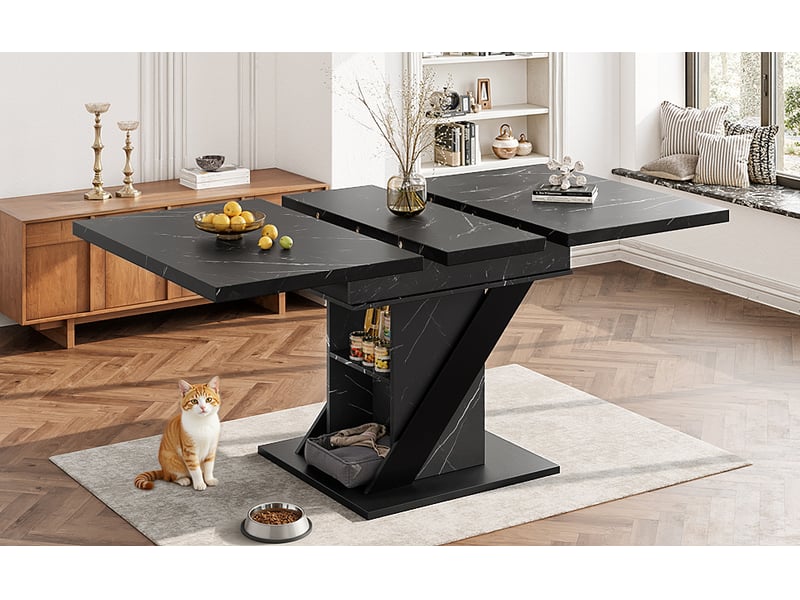 Table à manger extensible 110-140×80cm, pour cuisine et salon, table de cuisine peu encombrante, table à manger aspect marbre noir - Conforama E