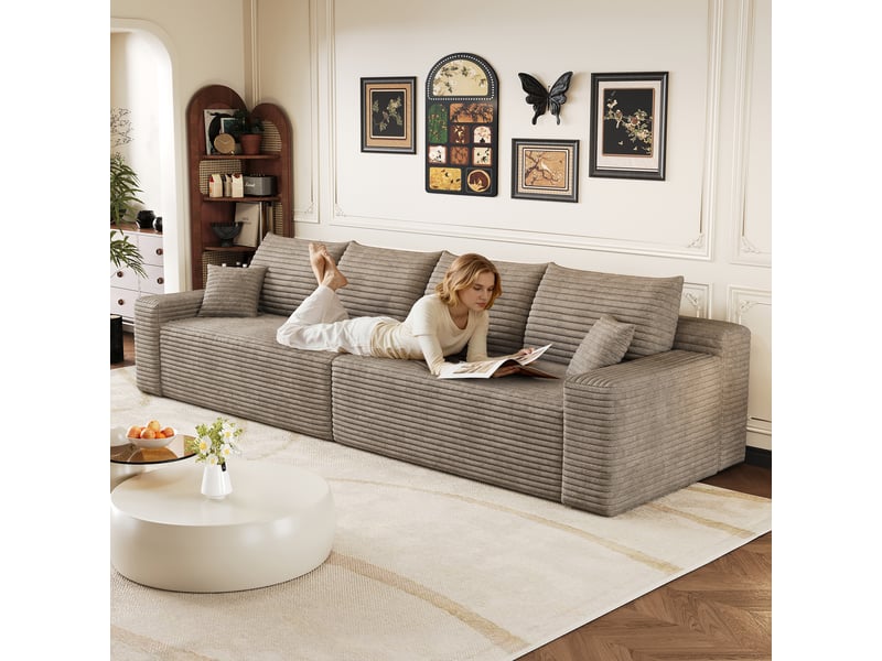  Canapé droit modulaire 302 cm sans structure ni montage, canapé-lit en mousse et velours côtelé doux, style moderne minimaliste pour salon, camel OPULERANE TRADING LTD - Conforama E