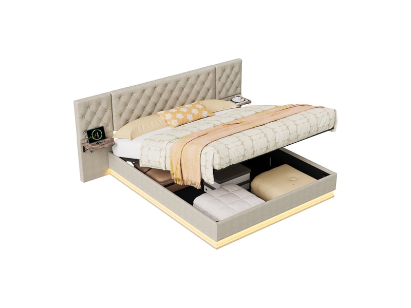  Lit 140x200cm - lit coffre 140x200 - lit double led avec tête de lit large et tables de chevet intégrées - en lin beige  - Conforama A