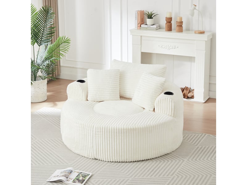 Fauteuil lounge 1 place en velours côtelé avec 3 coussins, 2 porte-gobelets, poches latérales, base antidérapante, assise ronde beige - Conforama B