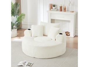 Fauteuil lounge 1 place en velours côtelé avec 3 coussins, 2 porte-gobelets, poches latérales, base antidérapante, assise ronde beige