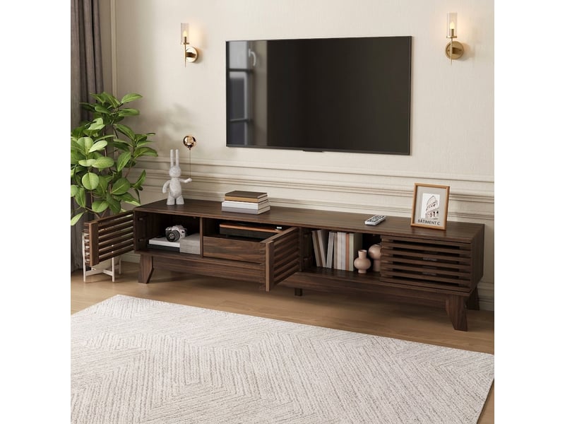 Meuble tv noyer 150 cm en mdf avec portes à persiennes et tiroir  - Conforama C