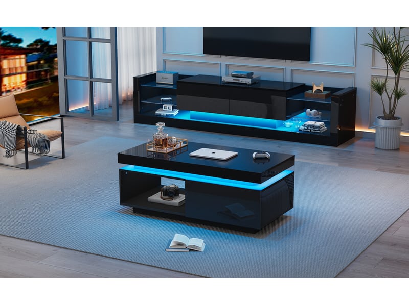  Ensemble meuble TV mural, ensemble brillant avec éclairage d'ambiance LED, avec 3 tiroirs et rangement ouvert, noir  - Conforama B