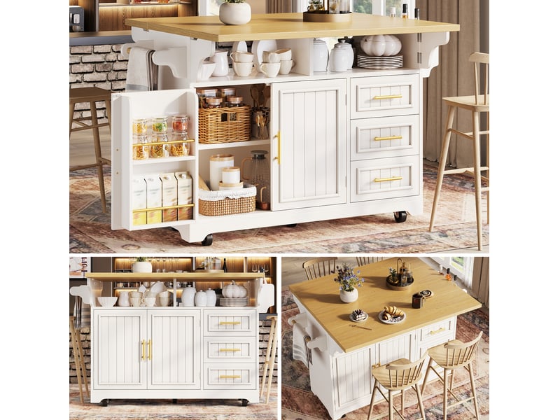  Desserte de cuisine 120x4080x95 cm, plan extensible, portes à motif vertical, 3 tiroirs, roulettes, mdf métal, blanc  - Conforama D