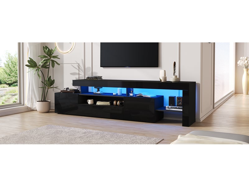  Meuble tv noir brillant avec led, 3 portes, niches, pour téléviseur jusqu’à 85 pouces, noir  - Conforama D
