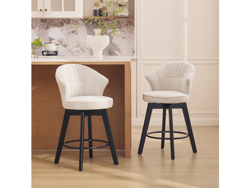  Tabouret de bar pivotant 2 pièces avec dossier et repose-pieds, en tissu chenille beige  - Conforama B