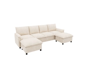 Canapé nuage modulable en u – tissu chenille – assise profonde – 2 poufs – 264 x 142 cm – beige
