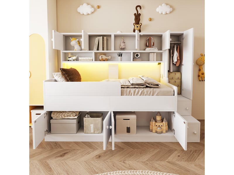 Lit mezzanine lit simple avec rangements, armoire, étagères et led 90×200 cm, sans matelas, bois, blanc - Conforama C