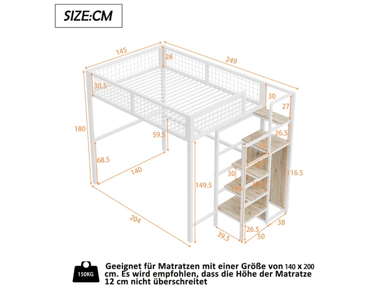  Lit mezzanine 2 places 140 x 200 cm avec échelle de rangement, armoire, étagère et garde-corps intégral, structure en métal blanc, gain de place  - Conforama E