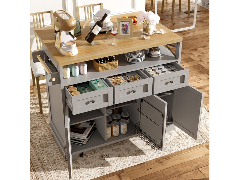  Desserte de cuisine 118x43 cm grise, plateau pliant, rangement modulable, séparateurs amovibles, porte-serviettes, avec roulettes  - Conforama B