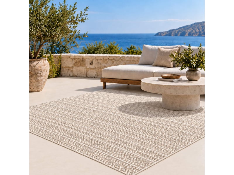  The white stone tapis extérieur à rayures 200x290 cm tourterelle | pour intérieur et extérieur, résistant aux uv et à l'eau, lavable | tapis en polypropylène tissé à plat effet sisal  - Conforama C
