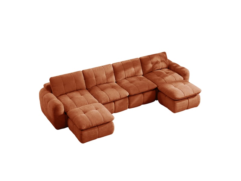 Canapé modulable 4 places modenvie en u avec 2 poufs en chenille orange 334 x 160 x 68 cm - Conforama A