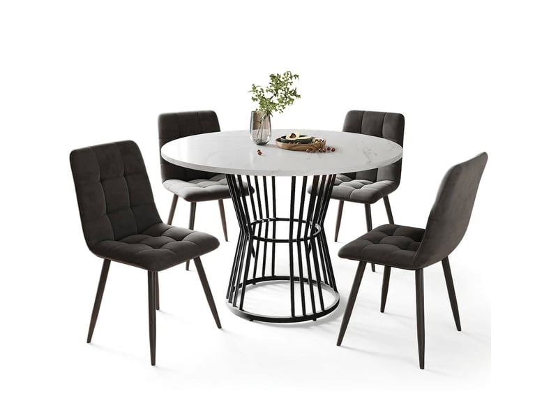 Ensemble table ronde ø100 cm et 4 chaises en velours gris foncé, plateau effet marbre  - Conforama A