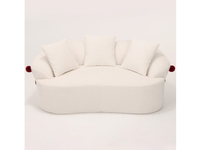 Canapé droit 2 places incurvé avec 3 coussins et pompons décoratifs, sans cadre rigide en velours côtelé blanc - Conforama A