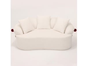 Canapé droit 2 places incurvé avec 3 coussins et pompons décoratifs, sans cadre rigide en velours côtelé blanc