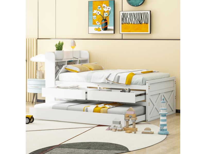  Lit individuel en bois massif de pin 90x190, tiroir coulissant, sommier à lattes, chevet avec usb, blanc  - Conforama E