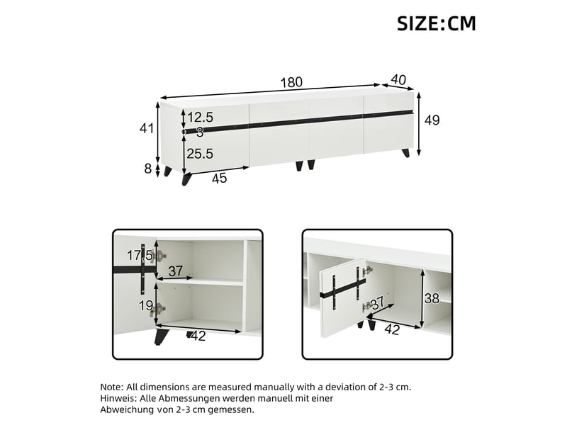 Meuble tv blanc brillant de 180 cm avec quatre placards, rangement modulable et huit pieds, pour téléviseur jusqu’à 80 pouces - Conforama C