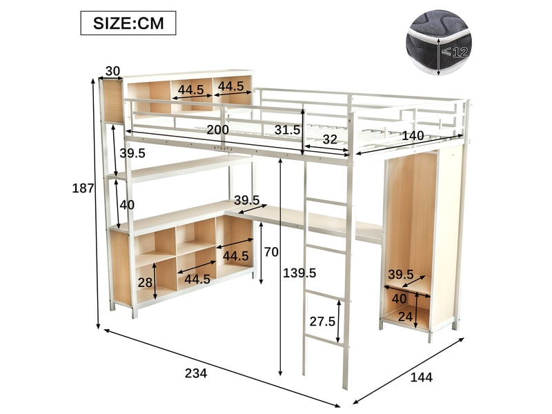  Lit mezzanine 140x200 cm coloris blanc métal lit enfant blanc - Conforama C