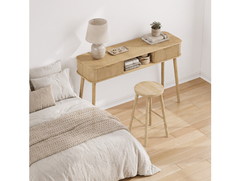  Console 120x35x77,6 cm avec 2 tiroirs en mdf chêne, style mid-century avec compartiment ouvert, meuble polyvalent pour salon  - Conforama D