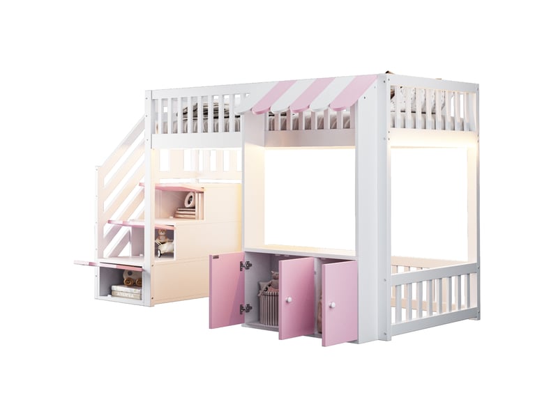  Lit mezzanine enfant 90x200 cm avec rangements, led multicolore, rose et blanc  - Conforama A