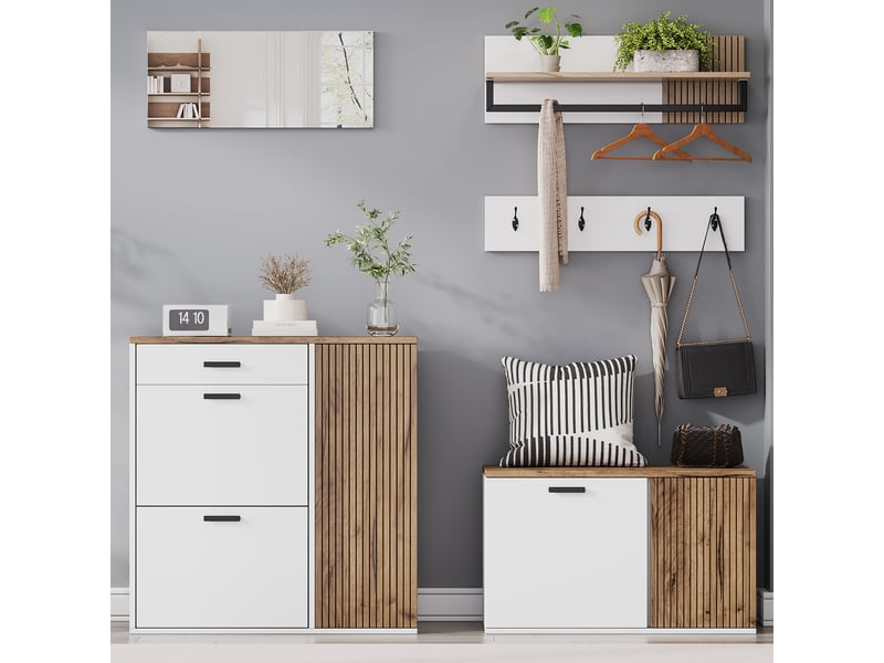 Ensemble d’entrée 5 pièces avec meuble à chaussures, banc, miroir et porte-manteau, bois et blanc  - Conforama B