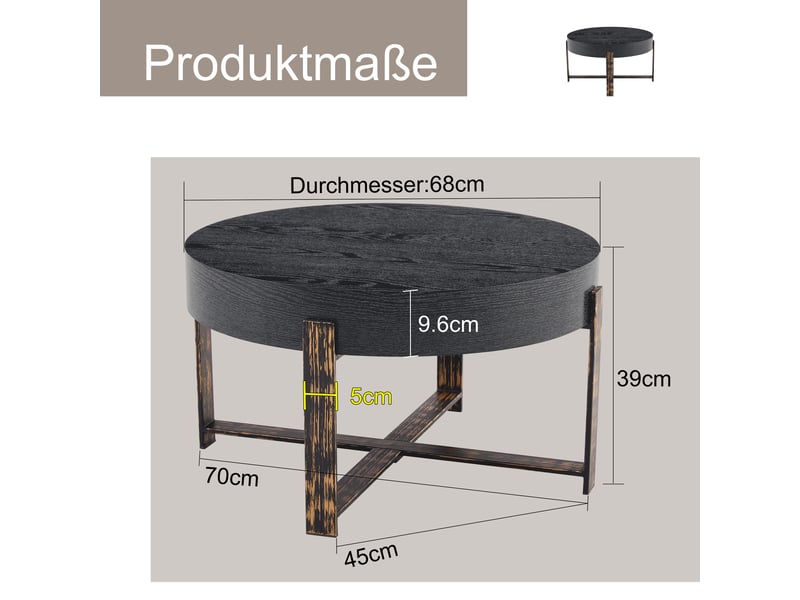  Table d'appoint rond 68×68×39 cm, mdf et métal, noir Fay Lum - Conforama C