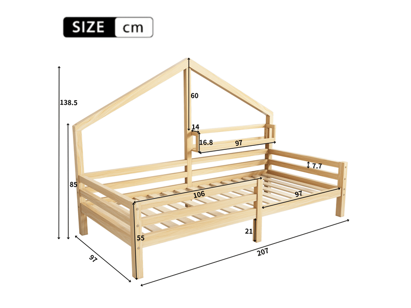  Lit enfant cabane 90 x 200 cm naturel avec étagère de rangement  - Conforama E
