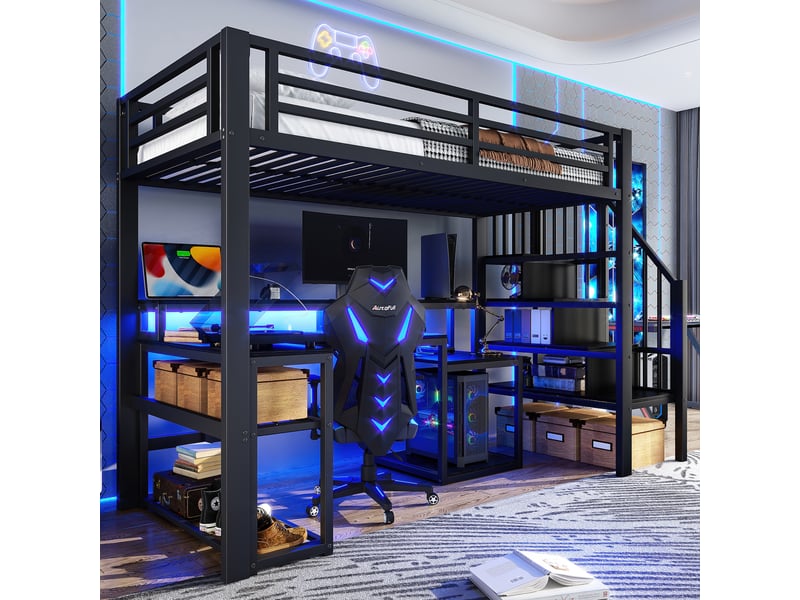 Lit mezzanine 200×90 cm avec bureau, rangements, éclairage led et ports usb, sans matelas, en métal et mdf noir - Conforama B