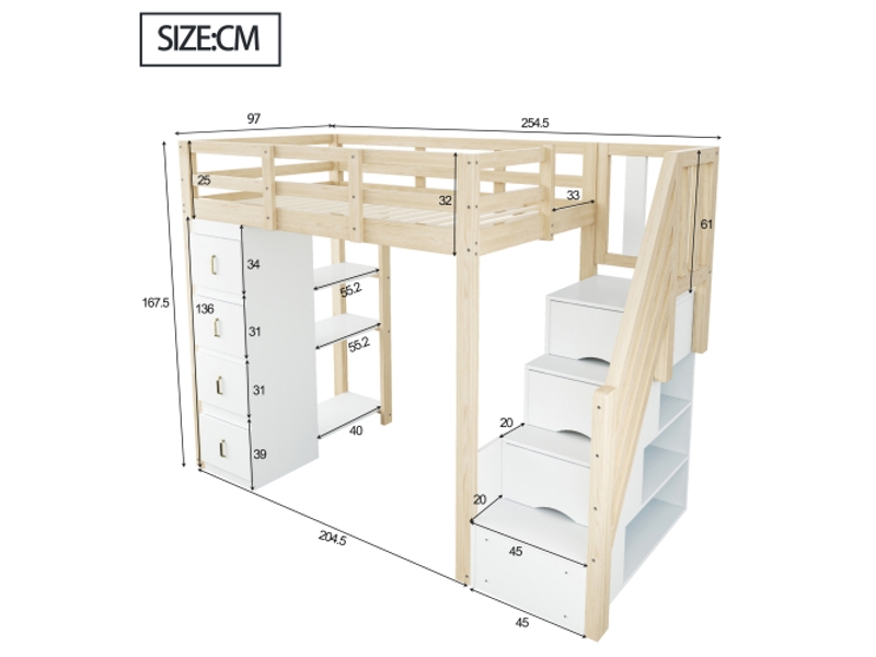  Lit mezzanine 90x200 cm en bois massif – tiroirs, étagères intégrées, échelle sécurisée, finition naturelle  - Conforama C