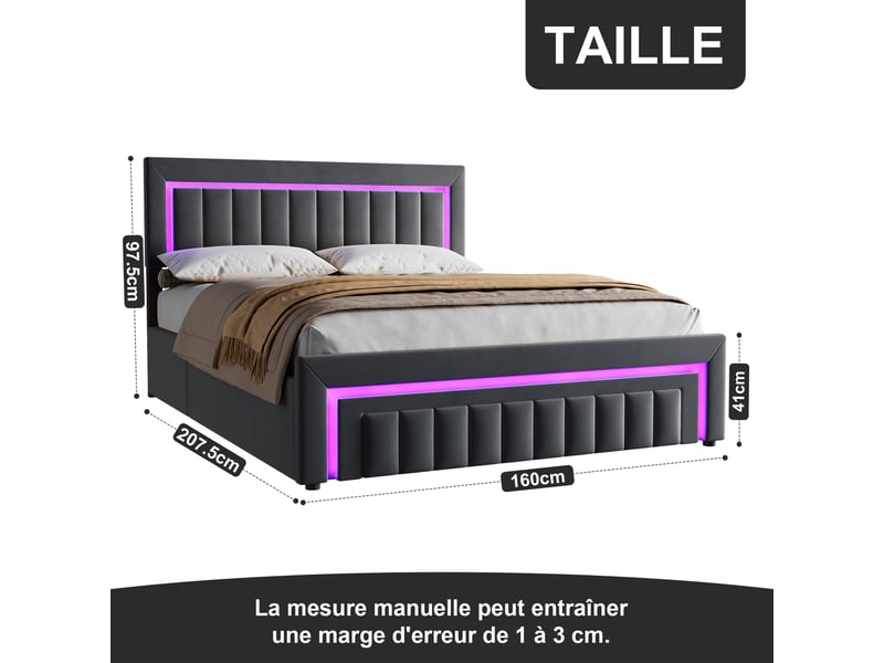  Lit double 160x200 cm avec tiroirs, led et tête de lit rembourrée gris foncé homvra  - Conforama B