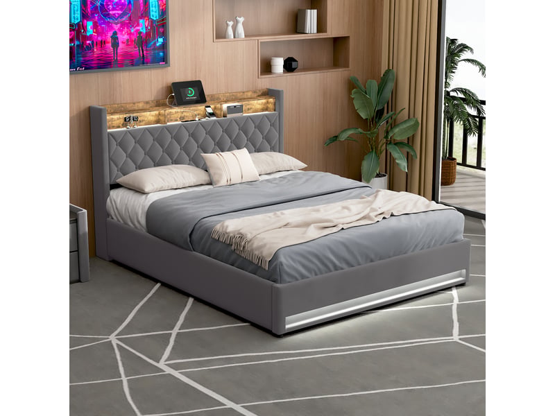  Lit coffre 180 × 200 cm avec usb, 2 prises, éclairage led et rangement, sans matelas, cadre métal gris  - Conforama C