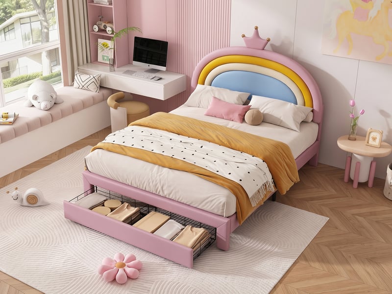  Lit enfant 140 × 200 cm, tête arc-en-ciel couronnée réglable sur 2 hauteurs et tiroir au pied, revêtement en pu, rose  - Conforama B