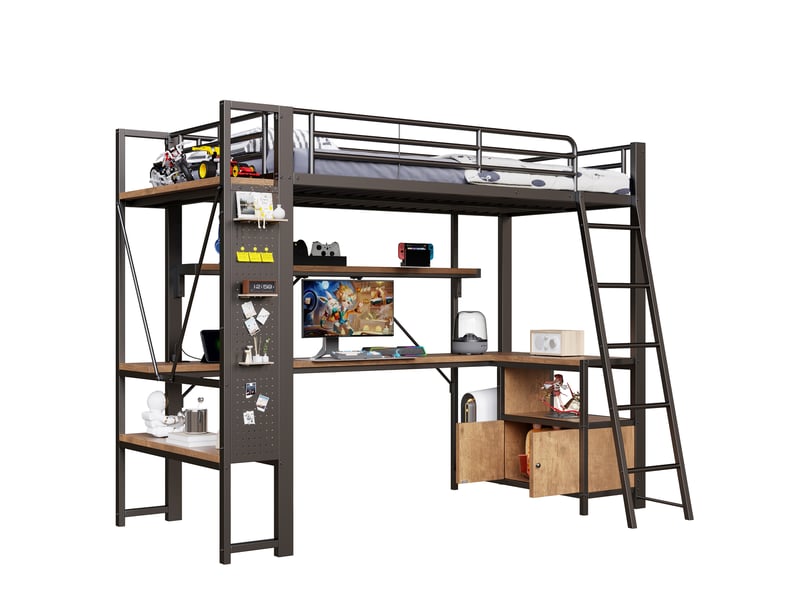  Lit mezzanine 90 x 200 cm, structure métal, led, bureau, étagères, panneau perforé, usb, sans matelas, noir  - Conforama A